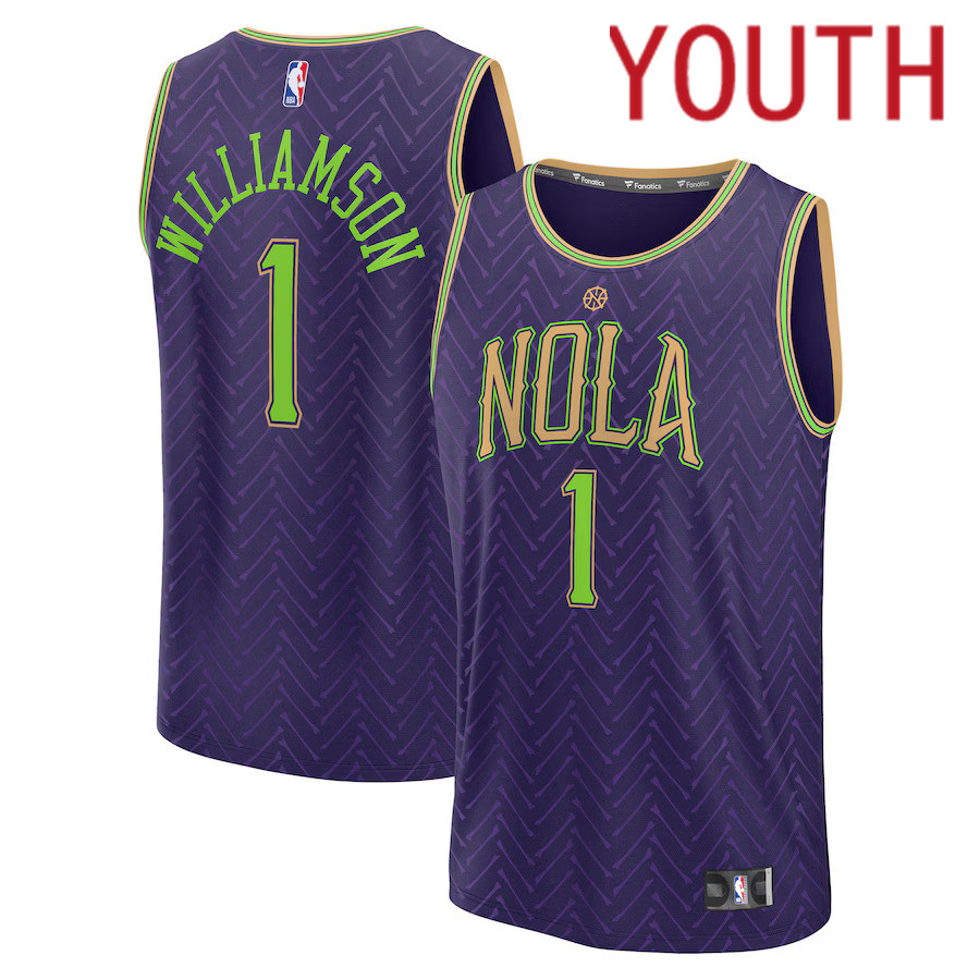 Youth New Orleans Pelicans #1 Zion Williamson Fanatics Purple City Edition 2024-25 Fast Break Player NBA Jersey->youth nba jersey->Youth Jersey